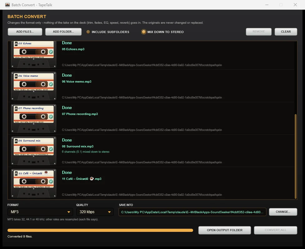 TapeTalk Batch Convert showing completed AAC and 5.1-to-stereo conversions