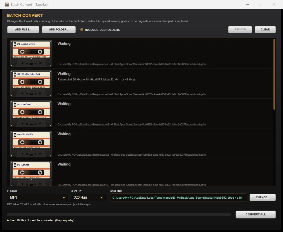 Files queued in TapeTalk’s Batch Convert window, with the format and quality controls visible